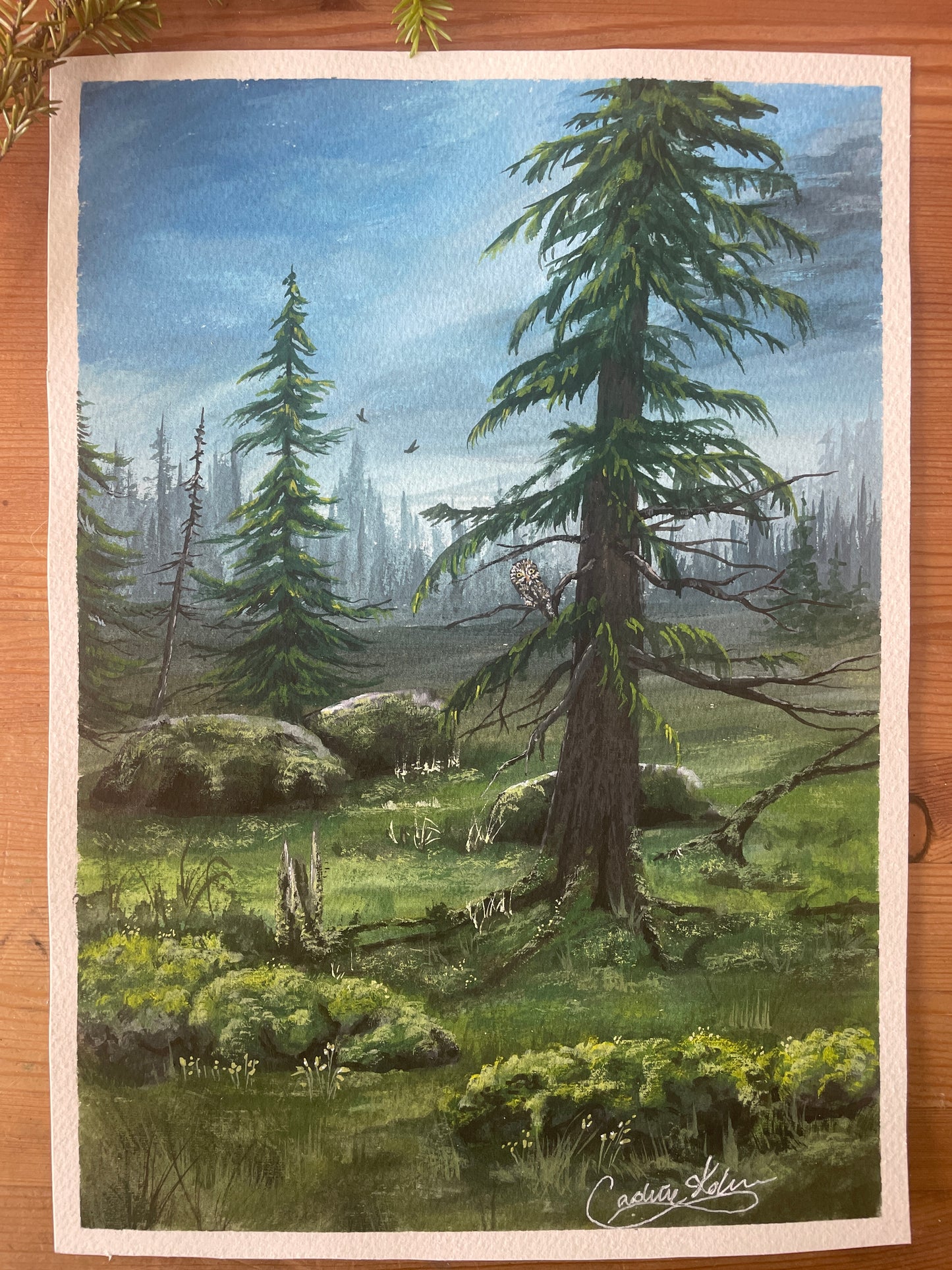 Gouache målning ¨Under tyst gran¨