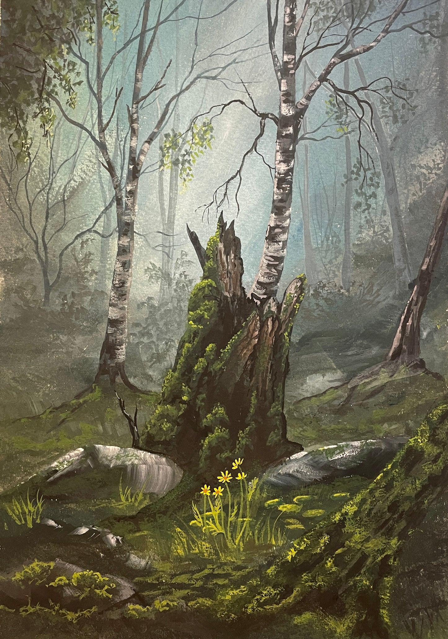 Gouache målning  ¨Mellan rötter och ljus"