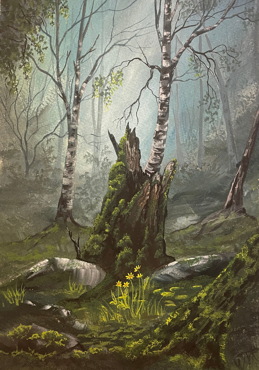 Gouache målning  ¨Mellan rötter och ljus"