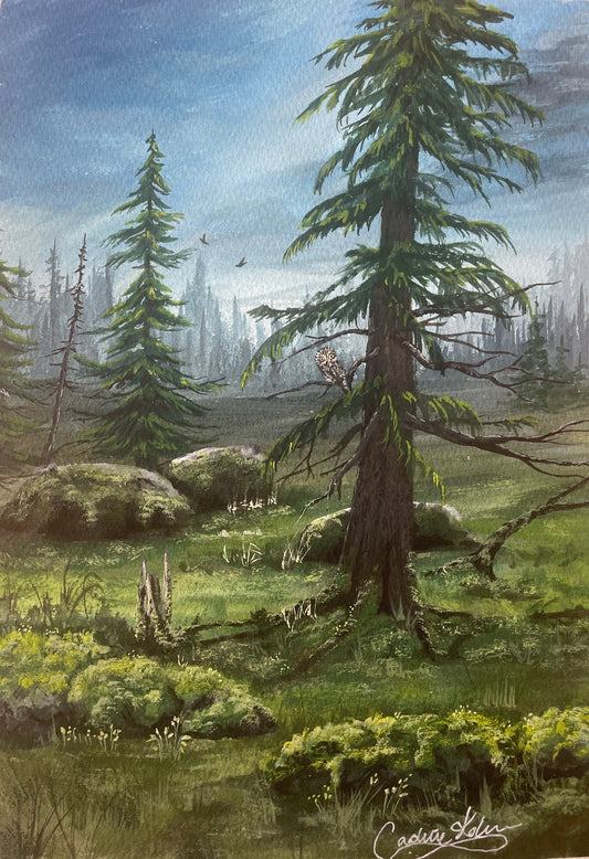 Gouache målning ¨Under tyst gran¨